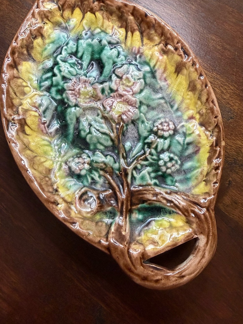 Glazed Ceramic Leaf Decorative Tray in Green, Yellow & Brown